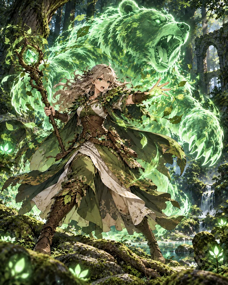 Une Druide aux longs cheveux clairs, bâton noueux serti d’un cristal vert à la main, crie en tendant le bras dans une forêt moussue ; derrière elle se dresse un ours spectral de lumière verte, gueule ouverte et griffes en avant.