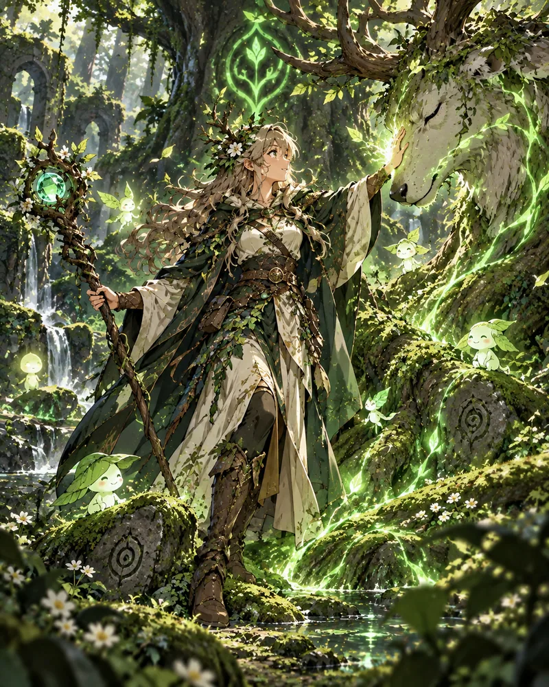 Une Druide souriante, couronnée de fleurs et de brindilles, tient un bâton serti d’un cristal vert et pose la main sur le museau d’un immense cerf couvert de mousse, les yeux clos ; de petits esprits-feuilles lumineux les entourent.