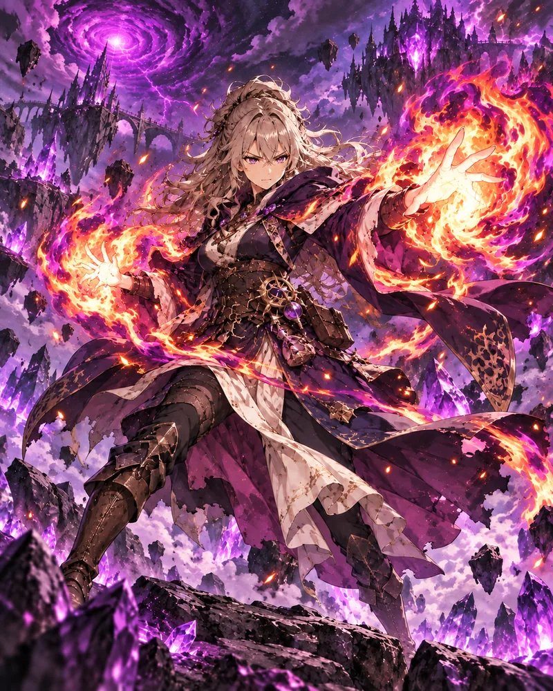 Une Ensorceleuse aux longs cheveux blonds, campée sur des rochers, projette des deux mains des flammes orangées à cœur blanc, bordées de magenta, sous un ciel d’orage violet où volent des braises, entre rochers flottants et cristaux améthyste.