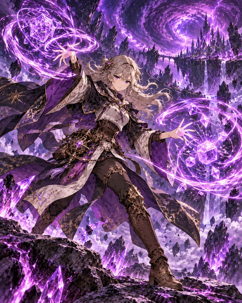 Une Ensorceleuse aux cheveux blonds tend les deux bras : dans chaque main tourne un cercle magique violet orné de cristaux géométriques, au-dessus de falaises et de cascades.