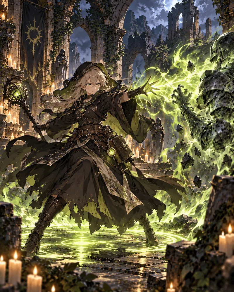 Une Occultiste encapuchonnée, un bâton à orbe vert à la main, tend la paume vers un chevalier en armure noire enveloppé de flammes vert citron, dans des ruines éclairées de bougies.