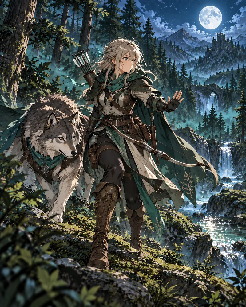 Une rôdeuse avance dans la forêt aux côtés d’un grand loup qui porte un foulard vert.