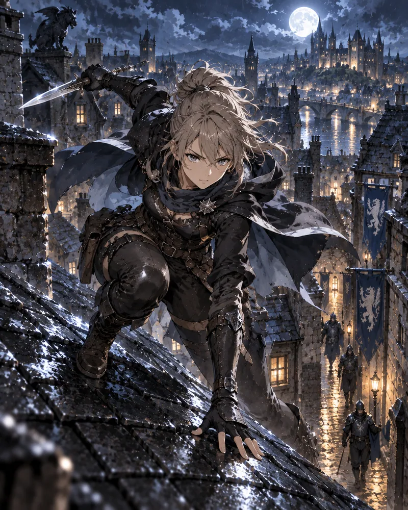 Accroupie sur un toit d’ardoise mouillé, une Roublarde lève sa dague sous la pleine lune, au-dessus d’une rue où patrouillent des gardes en armure.