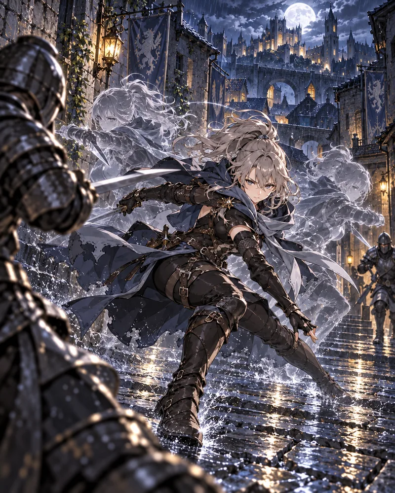 Sous la pluie, sur un escalier pavé, une Roublarde esquive l’épée d’un chevalier, entourée de deux doubles translucides d’elle-même.